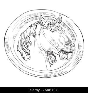 Ancienne ronde vintage bas-relief sous la forme d'une tête de cheval, vecteur main dessin illustration en couleur noire isolée sur fond blanc Illustration de Vecteur