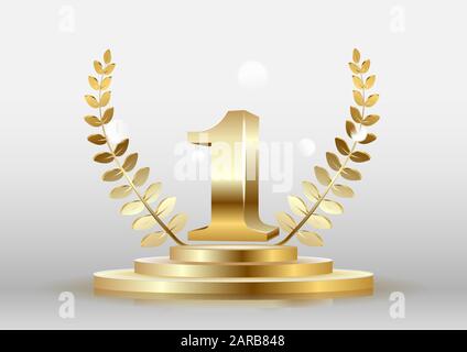 Socle rond gagnant avec le symbole d'or numéro un, couronne de laurier et ruban isolé sur bleu. Poster vectoriel ou modèle de bannière. Illustration de Vecteur