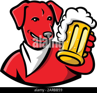 Icône représentant une mascotte de sport illustration de la tête d'un chien rouge de laboratoire anglais ou du Labrador tenant une tasse de bière vue de face sur fond isolé dans Illustration de Vecteur