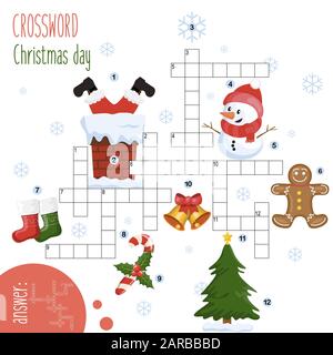 Puzzle à mots croisés facile « Noël », pour les enfants de l'école primaire et du milieu. Moyen amusant de pratiquer la compréhension du langage et d'élargir le vocabulaire. Banque D'Images