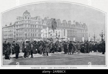 Primrose Day à Parliament Square, Londres, est l'anniversaire de la mort de l'homme d'État britannique et du premier ministre Benjamin Disraeli, premier comte de Beaconsfield, le 19 avril 1881. La primrose était sa fleur préférée et la reine Victoria lui enverrait souvent des petits pains de Windsor et Osborne House. Date : 19 Avril 1900 Banque D'Images