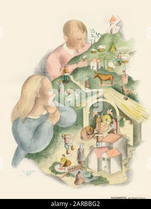 Deux enfants espagnols avec un set de nativité Banque D'Images