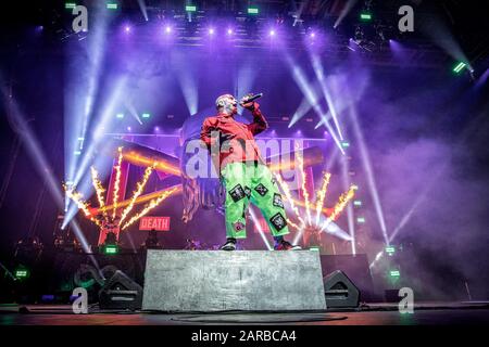 Oslo, Norvège. 23 janvier 2020. Five Finger Death Punch, le groupe américain de poids lourd, exécute un concert en direct à Spektrum à Oslo. Ici, le chanteur Ivan Moody est vu en direct sur scène. (Crédit Photo: Gonzales Photo - Terje Dokken). Banque D'Images