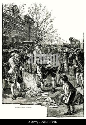 Les Colons américains brûlent des papiers portant les Timbres requis en vertu De La Loi sur les timbres du 22 mars 1765. La nouvelle taxe a été imposée à tous les colons américains et les a tenus de payer une taxe sur chaque document imprimé qu'ils utilisaient. Les papiers du navire, les documents juridiques, les permis, les journaux, d'autres publications et même les cartes de jeu ont été taxés. Cet acte était très impopulaire comme le montre ce tirage. Date: 1766 Banque D'Images