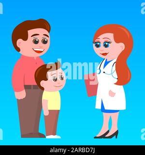 Père et petit fils rencontrent un médecin de famille. Pédiatre féminin. Tout le monde souriait. Illustration vectorielle de dessin animé. Illustration de Vecteur