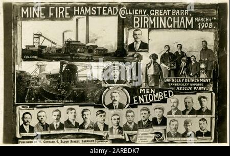 Incendie de mine à la mine de charbon Hamstead, Great Barr, Birmingham le 4 mars 1908. Le détachement de Barnsley Tankersley Brigade Rescue Party (avec appareil respiratoire et canari en cage pour servir d'avertissement de gaz toxique), la mine de charbon, la construction d'un passage d'air et les hommes enterrés sont tous représentés dans cette remarquable carte postale multi-images commémorant la catastrophe et les victimes. Banque D'Images