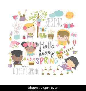 Ensemble d'enfants de dessin animé et d'éléments de printemps Illustration de Vecteur