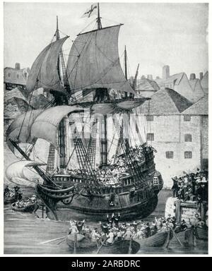 Départ du Mayflower de Plymouth avec 102 hommes, femmes et enfants à bord, pour rechercher la liberté religieuse dans le Nouveau monde. Banque D'Images