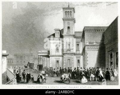 L'extérieur du bâtiment de la gare ferroviaire South Eastern & South Coast, London Bridge, 1846 Banque D'Images