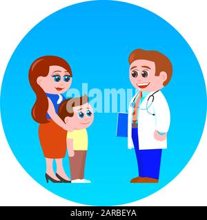 Mère et petit fils rencontrent le médecin de famille pédiatre dans une robe médicale. Tout le monde souriait. Illustration vectorielle de dessin animé. Illustration de Vecteur