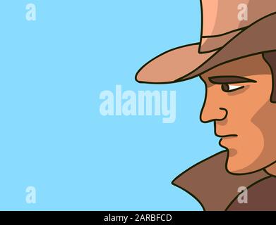 Face d'un cowboy dans un chapeau. Vue de profil. Fond bleu. Illustration vectorielle dans un nouveau style graphique. Illustration de Vecteur