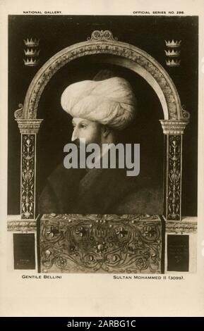 Mehmed II (1432-1481) (communément appelé Mehmed le Conquérant - turc : Fatih Sultan Mehmet) - sultan ottoman qui a régné d'août 1444 à septembre 1446 - portrait, peint par le peintre vénitien Gentile Bellini. L'original est conservé à la National Gallery de Londres. Banque D'Images