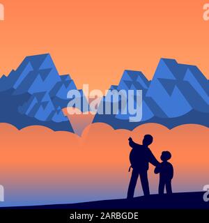 Silhouette de père et de fils de voyageurs. Papa montre l'enfant aux belles montagnes dans les nuages et le brouillard. Illustration vectorielle sur la famille et Illustration de Vecteur