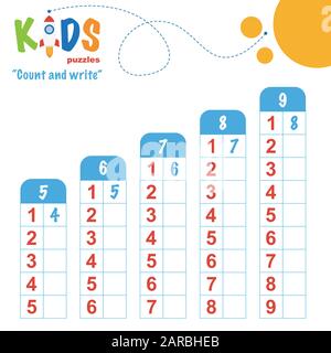 Comptage et écriture faciles de maths colorés pratique de feuille de calcul pour les enfants d'école maternelle et élémentaire. Illustration de Vecteur