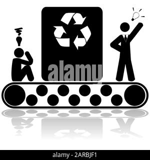 Illustration du concept montrant un triste homme se rendant sur un tapis de convoyeur de recyclage et sortir heureux d'une idée recyclée Illustration de Vecteur