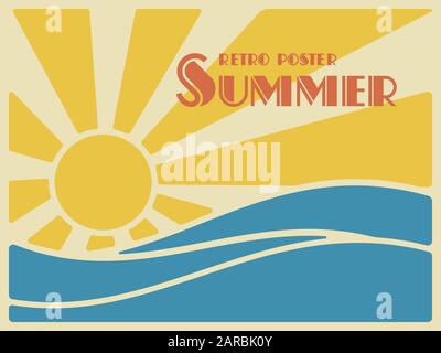 Affiche rétro de l'été. Soleil sur les vagues de la mer. Illustration de Vecteur