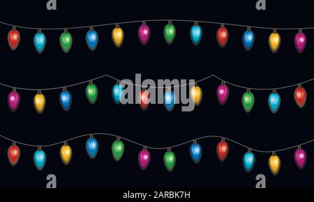 Lumières de Noël isolées sur fond noir. Jeu de guirlandes de Noël avec ampoules colorées et lumière transparente. Illustration vectorielle Illustration de Vecteur