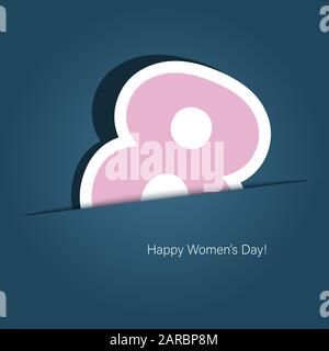 8 mars - Journée internationale de la femme . Feuille de papier à 8 chiffres dans la poche avec texte Happy Women's Day, illustration vectorielle carte d'affiche de salutation Illustration de Vecteur