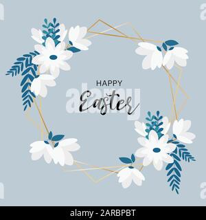 Joyeuses cadre doré de Pâques avec décoration fleurs fleuries, carte de vœux, illustration vectorielle Illustration de Vecteur