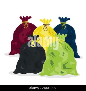 Jeu de sacs à ordures en plastique. Poubelles dans des sacs en plastique. Illustration vectorielle Illustration de Vecteur