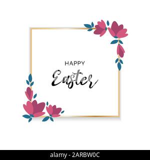 Joyeuses cadre doré de Pâques avec décoration fleurs fleuries, carte de vœux, illustration vectorielle Illustration de Vecteur