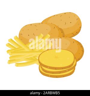 Pommes de terre. Illustration vectorielle. Ensemble de pommes de terre entières, de tranches, de demi-frites. Illustration de Vecteur