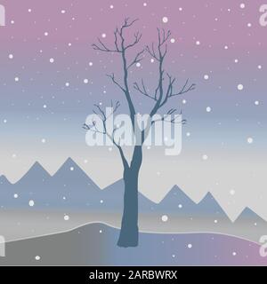 Arbre d'hiver avec peu de petits fruits et d'oiseaux rouge sur un fond de montagnes à froid et sombre ciel enneigé. Nature de la saison. Snowy paysage naturel. Vec Illustration de Vecteur