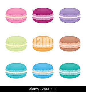 Jeu de macarons. Macarons français. Cookie sandwich sucré coloré. Illustration de Vecteur