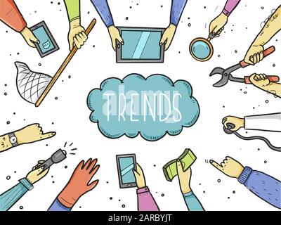 Hand drawn doodle mains style avec différents éléments, tablette, loupe, skip. Concept de chaze, tendance marketing, search les informations, les entreprises seo. Vector illustration avec texte. Illustration de Vecteur