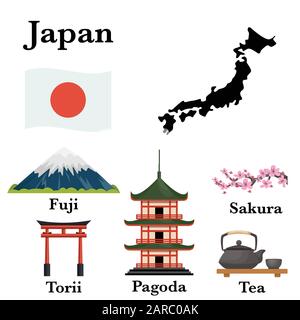 Jeu d'icônes de symboles célèbres au Japon, illustration vectorielle Illustration de Vecteur