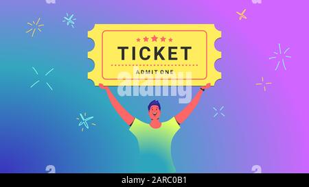 Un billet d'entrée concept illustration vectorielle de jeune homme tient sur son grand billet pour le film ou autre événement comme gagnant. Des gens heureux et brillants Illustration de Vecteur