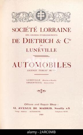 Lorraine Diétrich automobiles, catalogue de voitures anciennes, page de titre, illustration, 1909 Banque D'Images