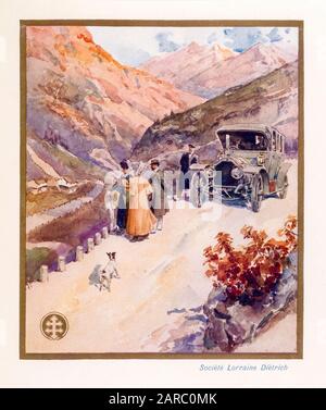Lorraine Diétrich automobiles, Vintage car dans les montagnes, illustration promotionnelle 1909 Banque D'Images