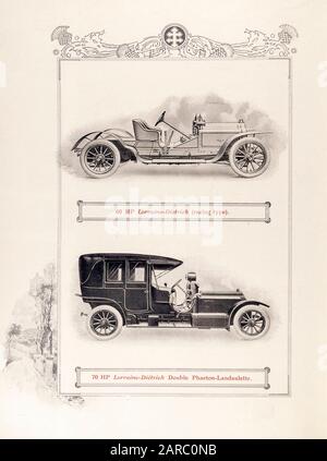 Lorraine Diétrich automobiles, Vintage car, 60 HP Racing type, et 70 HP Double Phaeton Landaulette, illustration, 1909 Banque D'Images