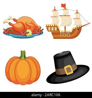 Icônes du jour de Thanksgiving définies. Plat de dinde frit, navire de mayflower, citrouille, chapeau de pilijante. Illustration vectorielle. Illustration de Vecteur