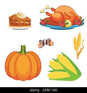 Icônes du jour de Thanksgiving définies. Tarte à la citrouille, citrouille, pommes de terre, blé, épis de maïs, dinde frite. Illustration vectorielle. Illustration de Vecteur