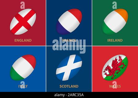 6 drapeaux dans le style d'un ballon de rugby. Drapeau des participants au championnat de rugby sur fond de couleur. Illustration de Vecteur