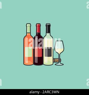 Roses, bouteilles de vin rouge et blanc et illustration vectorielle de verre de vin blanc pour La fête du vin De Boisson le 18 février. Symbole de couleur des boissons. Illustration de Vecteur