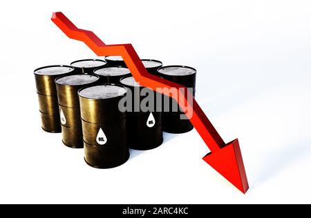 image tridimensionnelle des barils de pétrole avec chute du graphique Banque D'Images