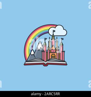 Concept de conte de fées pour #TellaFairyTaleDay le 26 février. Château, arc-en-ciel et montagnes dans une illustration vectorielle de livre Illustration de Vecteur