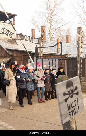 Oswiecim, Pologne. 27 janvier 2020. À l'occasion du 75ème anniversaire de la libération du camp de concentration allemand Auschwitz : plusieurs survivants, invités et visiteurs traversent la porte d'entrée de l'ancien camp de concentration allemand Auschwitz. Crédit: Daniel Schäfer/dpa-Zentralbild/ZB/dpa/Alay Live News Banque D'Images