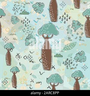 Modèle sans couture avec Baobabs et feuilles exotiques. Style scandinave. Vector Illustration Illustration de Vecteur