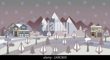 Paysage de neige d'hiver avec maisons, arbres et montagnes. Les immeubles de banlieue en paysage d'hiver. Télévision Vector Illustration. Maison & Design détaillé Illustration de Vecteur