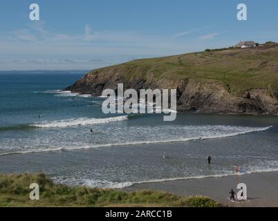 Surfeurs sur la plage et dans la mer à Poldhu Cove sur le sentier de la côte sud-ouest Entre Porthleven et Mullion Cove dans Rural Cornwall, Angleterre, Royaume-Uni Banque D'Images