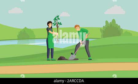 Volontaires couple planter arbre plate illustration. Les gens jardinent dans le parc près de la rivière, l'homme creusant et la femme tenant des personnages de dessin animé de saple. Les militants travaillant à l'extérieur, verdir la planète ensemble Illustration de Vecteur