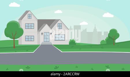 Maison de campagne illustration vectorielle plate. Maison familiale, maison de campagne de deux étages, maison de ville avec cour avant, route et paysage urbain en arrière-plan. Maison de ville dessinée, extérieur moderne du bâtiment de banlieue Illustration de Vecteur