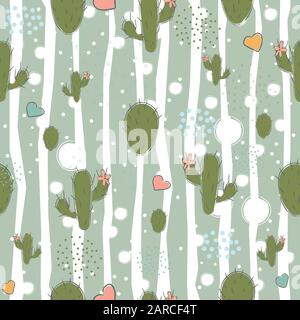 Avec motif transparent Cute green cactus, regroupées et des points cœurs sur du papier blanc arrière-plan. Vector Illustration Illustration de Vecteur