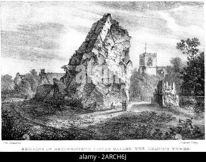 Une lithographie de Vestiges du château de Bridgenorth (BridgNorth) a appelé la Tour penchée balayée à haute résolution, à partir d'un livre imprimé en 1824. Banque D'Images