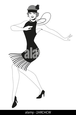 Drôle flapper fille portant des vêtements de style vintage dansant charleston isolé sur fond blanc Illustration de Vecteur