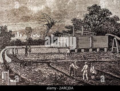 Gravure du XIXe siècle montrant le réservoir à la station d'épuration près de Barking, au Royaume-Uni, où les eaux usées domestiques sont utilisées pour fertiliser les terres agricoles Banque D'Images